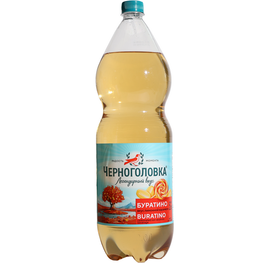 Chernogolovka Buratino Lemonade Soda, 67.6 fl oz (2 L) — classic carbonated soft drink with traditional Buratino lemon-caramel flavor, featuring candy and caramel imagery on the front label.
