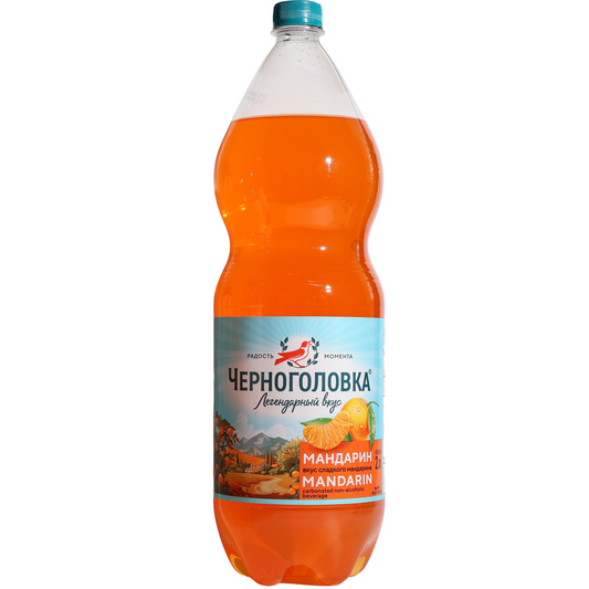 Chernogolovka Mandarin Soft Drink, 67.6 fl oz (2 L) — carbonated mandarin-flavored soft drink featuring mandarin orange imagery on the front label.
