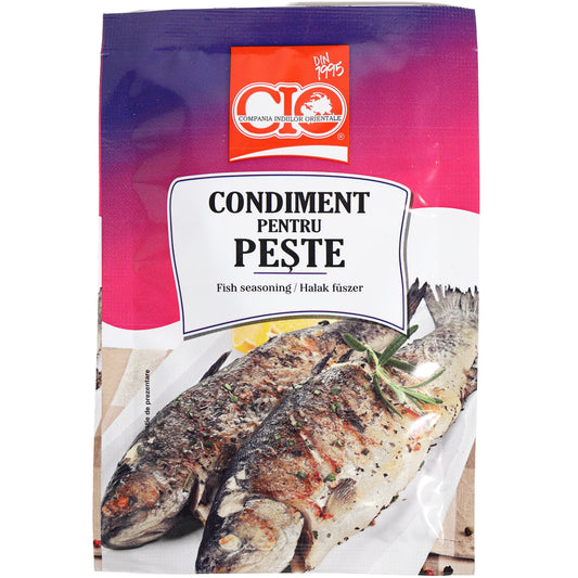 CIO Fish Seasoning Mix, 0.7 oz (20 g) — a savory blend of herbs, spices, and seasonings specially formulated to enhance the flavor of fish and seafood dishes. Ideal for baked, grilled, fried, or roasted fish, as well as seafood stews, soups, and marinades. Adds balanced aroma and traditional Eastern European flavor to homemade seafood recipes. Convenient single-use packet with CIO branding.
