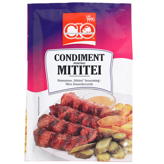 CIO Romanian Mititei Seasoning Mix, 0.7 oz (20 g) — a traditional Romanian spice blend specially crafted for preparing mititei (mici), the popular grilled skinless sausage. Features a savory mix of spices and seasonings that enhances ground meat with authentic Balkan flavor. Ideal for homemade mititei, kebabs, grilled meats, meatballs, and barbecue recipes. Convenient single-use packet with CIO branding.
