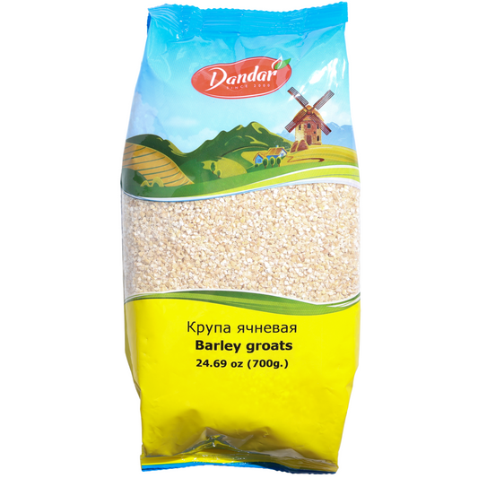 Dandar Barley Groats, 24.69 oz (700 g) — barley groats made from cracked barley kernels, offering a hearty texture and mild nutty flavor. Ideal for porridge, soups, stews, side dishes, and traditional Eastern European recipes. Packaged in a clear-window bag showcasing the barley groats with Dandar countryside branding.
