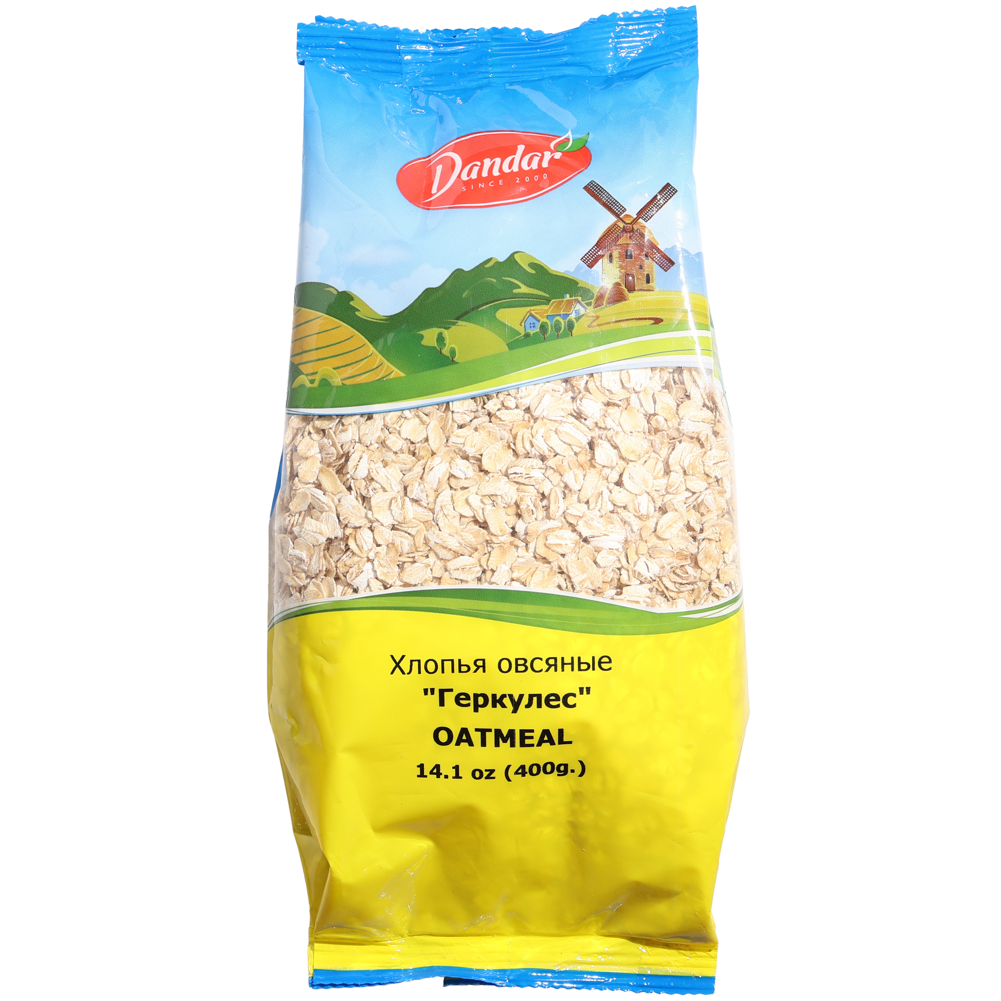 Dandar Hercules Oatmeal, 14.1 oz (400 g) — traditional rolled oat flakes (Hercules-style oatmeal), perfect for making hot breakfast porridge, baking, and wholesome recipes. Packaged in a clear-window bag showcasing the oat flakes with Dandar countryside branding.
