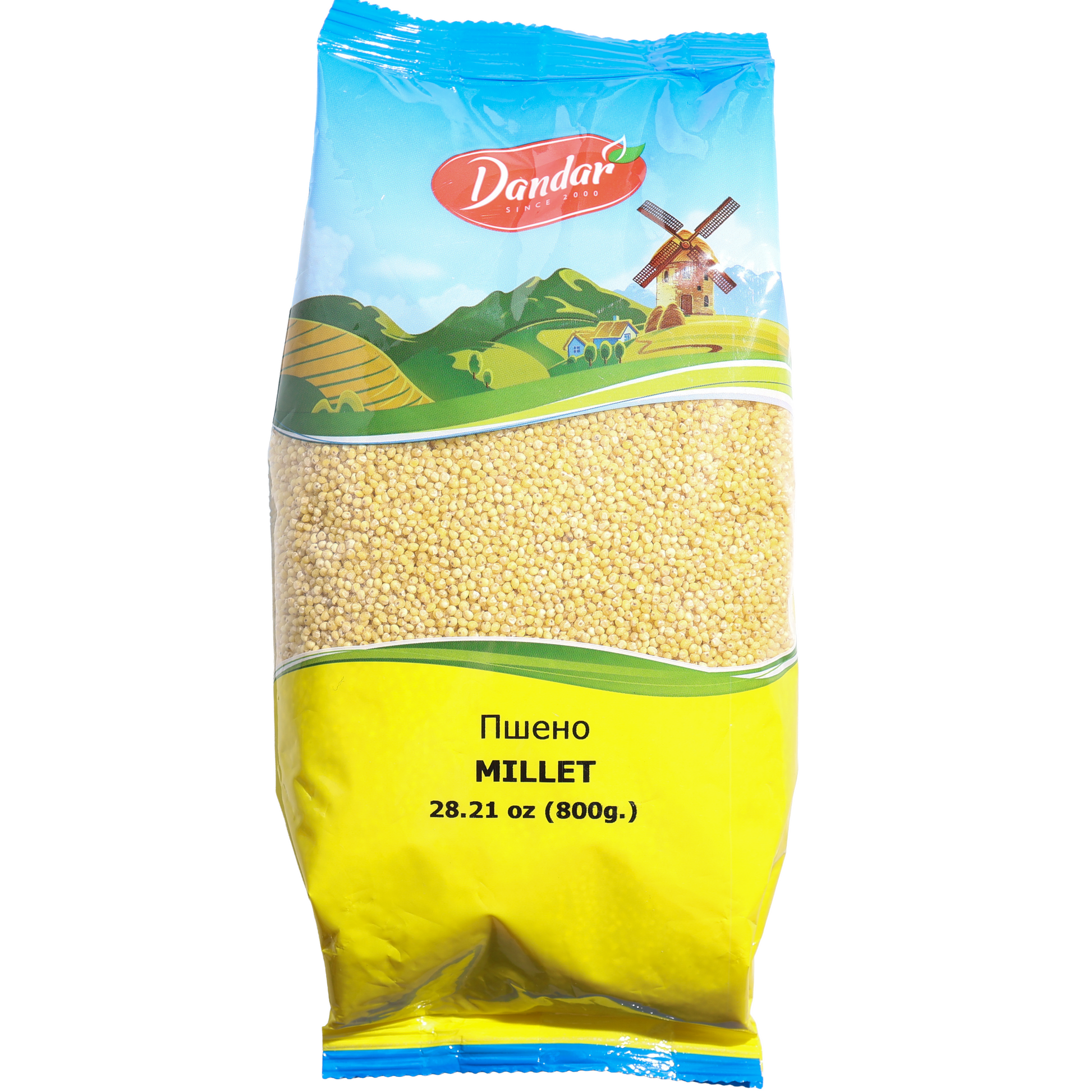 Dandar Millet, 28.21 oz (800 g) — polished millet grain, ideal for hot porridge, side dishes, soups, casseroles, and traditional Eastern European recipes. Packaged in a clear-window bag with Dandar countryside branding.
