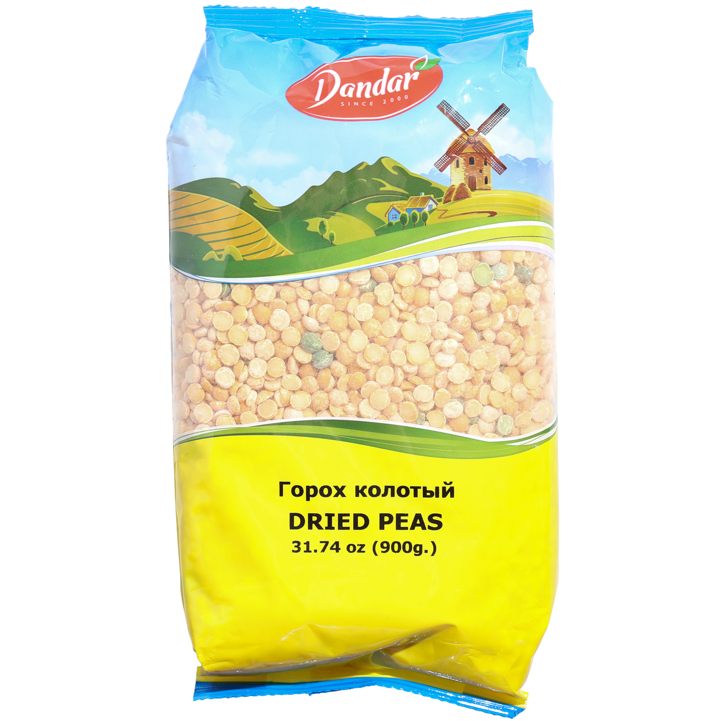Dandar Split Dried Peas, 31.74 oz (900 g) — split dried peas, ideal for hearty soups, purées, stews, and traditional comfort-food recipes. A good source of plant-based protein and fiber, packaged in a clear-window bag showcasing the peas with Dandar countryside branding.
