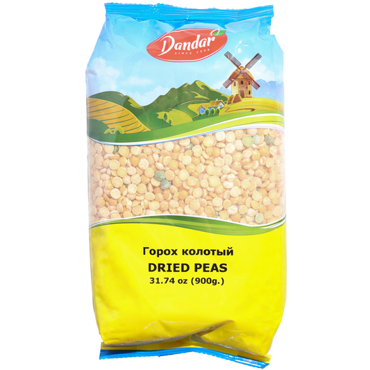 Dandar Split Dried Peas, 31.74 oz (900 g) — split dried peas, ideal for hearty soups, purées, stews, and traditional comfort-food recipes. A good source of plant-based protein and fiber, packaged in a clear-window bag showcasing the peas with Dandar countryside branding.
