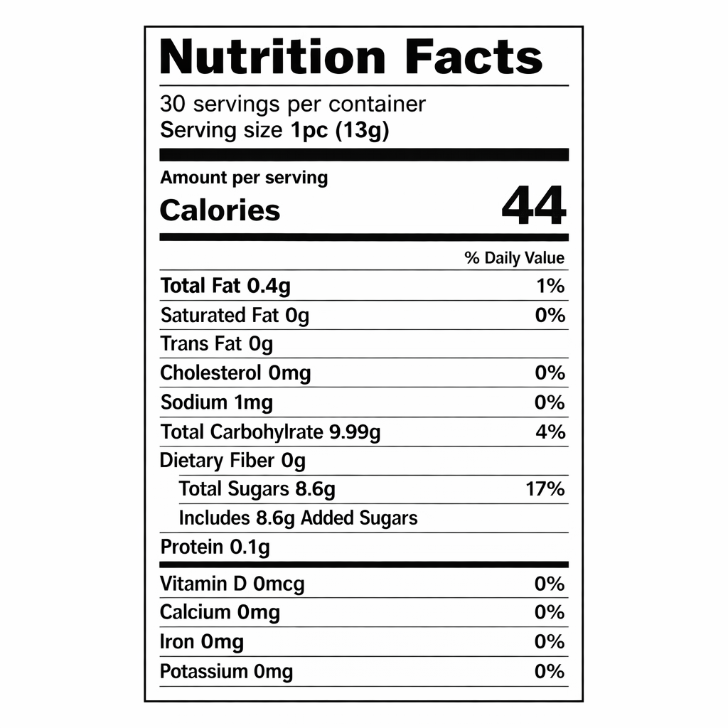 Donia Lokum with walnuts Macedonian delight, 14.1 oz — nutrition facts label (serving size 1 piece / 13 g)