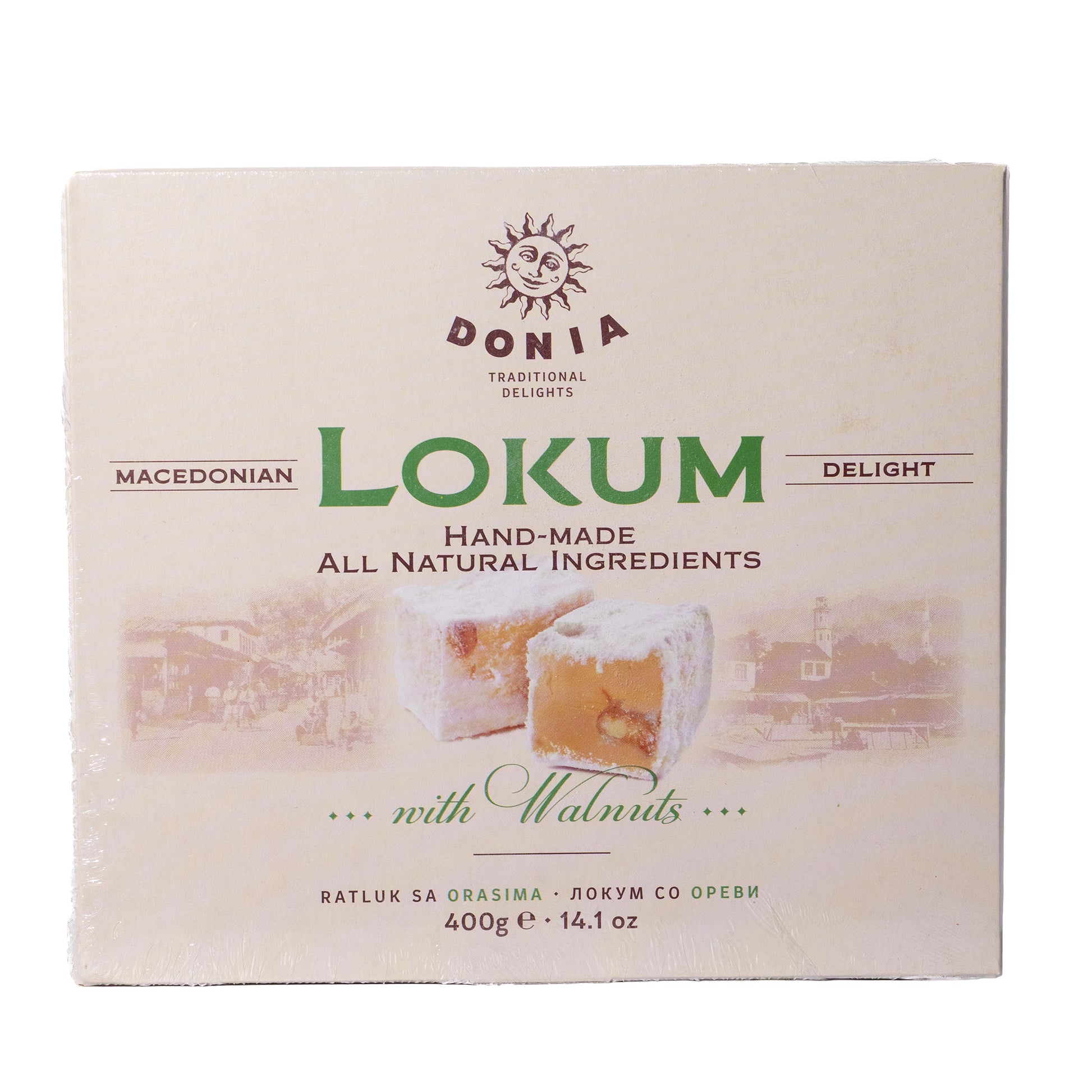 Donia Lokum with walnuts Macedonian delight box, 14.1 oz, front packaging showing lokum pieces with walnut filling