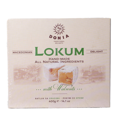 Donia Lokum with walnuts Macedonian delight box, 14.1 oz, front packaging showing lokum pieces with walnut filling