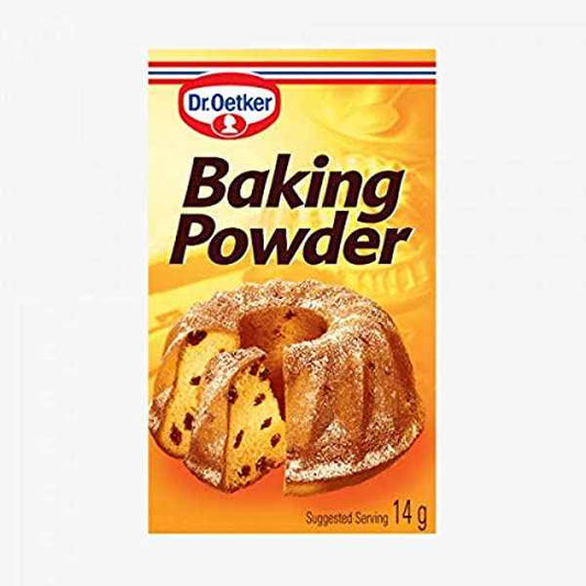 Box of Dr. Oetker baking powder with a cake image on an orange background