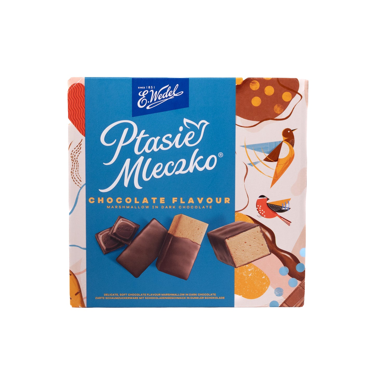 E. Wedel Ptasie Mleczko chocolate flavor marshmallow in dark chocolate box, 12 oz, front packaging with candy pieces shown