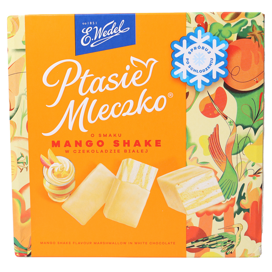 E. Wedel Ptasie Mleczko Mango Shake marshmallows in an orange box with white chocolate pieces illustrated.