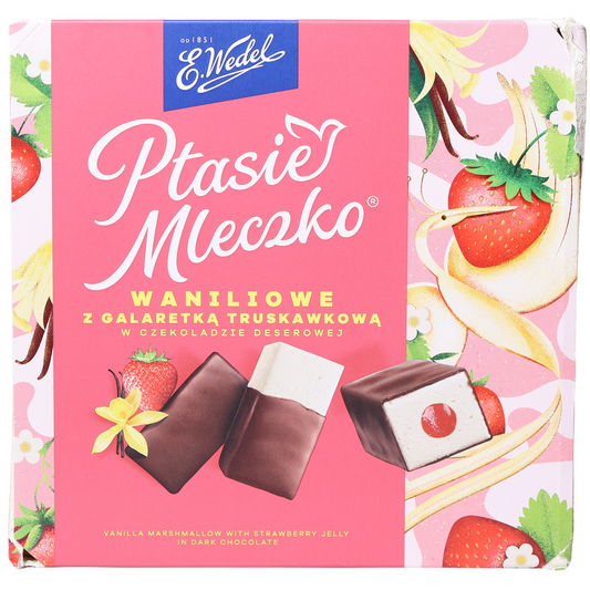 E. Wedel Ptasie Mleczko vanilla marshmallow with strawberry jelly in a pink illustrated box.