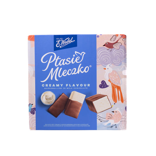E. Wedel Ptasie Mleczko creamy flavor marshmallow in milk chocolate box, 12 oz, front packaging with candy pieces shown