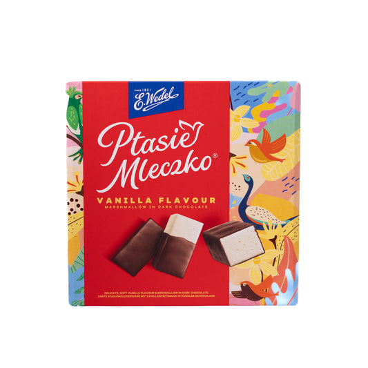 E. Wedel Ptasie Mleczko vanilla flavour marshmallow in dark chocolate box, 12 oz, front packaging with candy pieces shown
