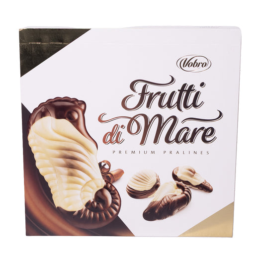 Vobro assorted cream-filled chocolate pralines box, 7.94 oz, front packaging with shell-shaped chocolates shown