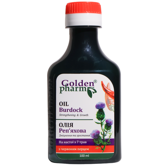 Golden Pharm Burdock Hair Oil with Red Pepper, 3.38 fl oz — a botanical hair and scalp oil formulated with burdock oil, red pepper, and a blend of seven herbs. Designed for strengthening and growth-focused hair care, the formula helps nourish the scalp and condition the hair. Apply as part of your regular hair-care routine according to the package directions.
