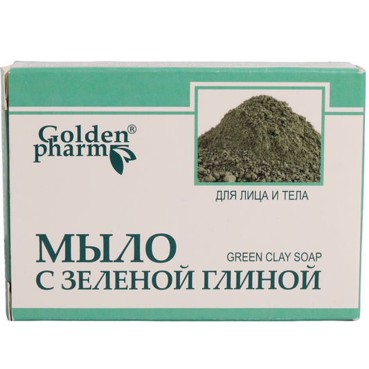 Golden Pharm Green Clay Face & Body Soap Bar, 2.47 oz — a cleansing soap formulated with green clay for use on both the face and body. Designed to cleanse away everyday impurities and excess oil while leaving skin feeling fresh and clean. Suitable for regular use as part of a daily skin-care and cleansing routine.
