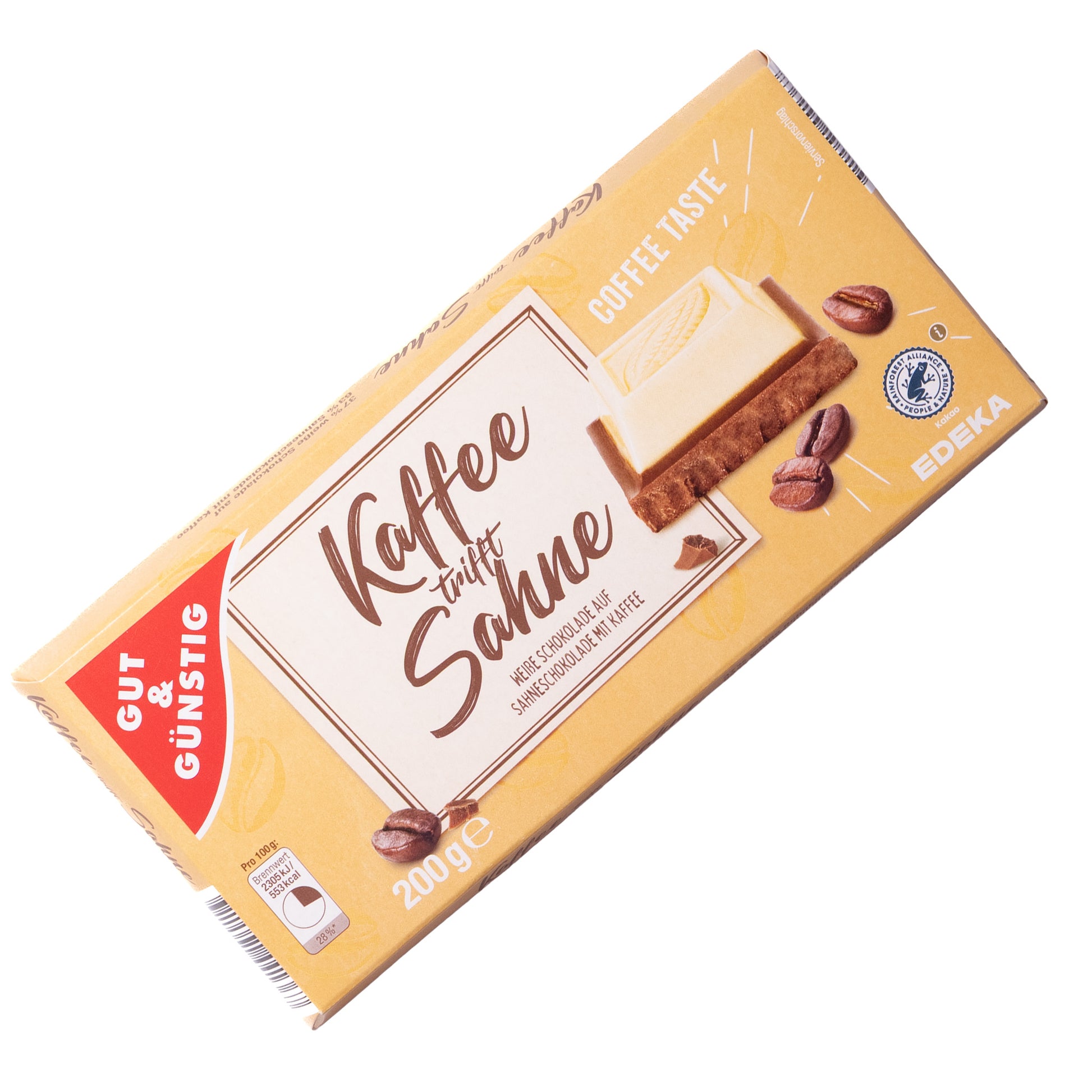 Gut & Günstig Coffee & Cream chocolate bar, 7.05 oz, front packaging with coffee beans and cream filling shown