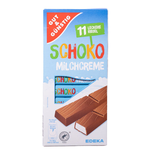 Gut & Günstig Schoko Milchcreme milk chocolate bars, 7.05 oz, front box showing milk cream filled chocolate sticks