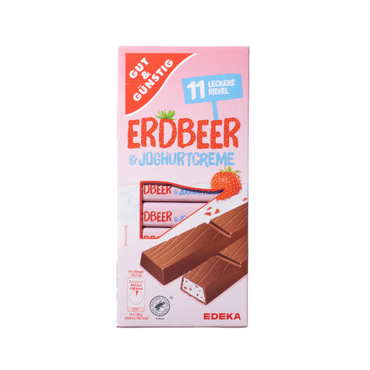 Gut & Günstig strawberry yogurt chocolate bars, 7.05 oz, front box showing strawberry yogurt filled chocolate sticks