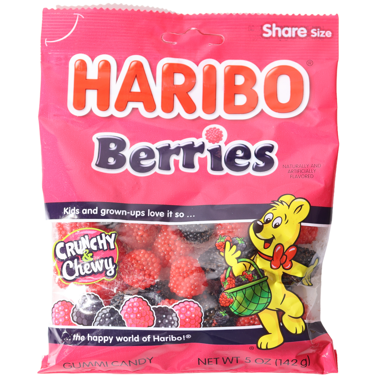 Haribo Berries gummy candy in a pink 5 oz bag with red and black berry-shaped candies visible.