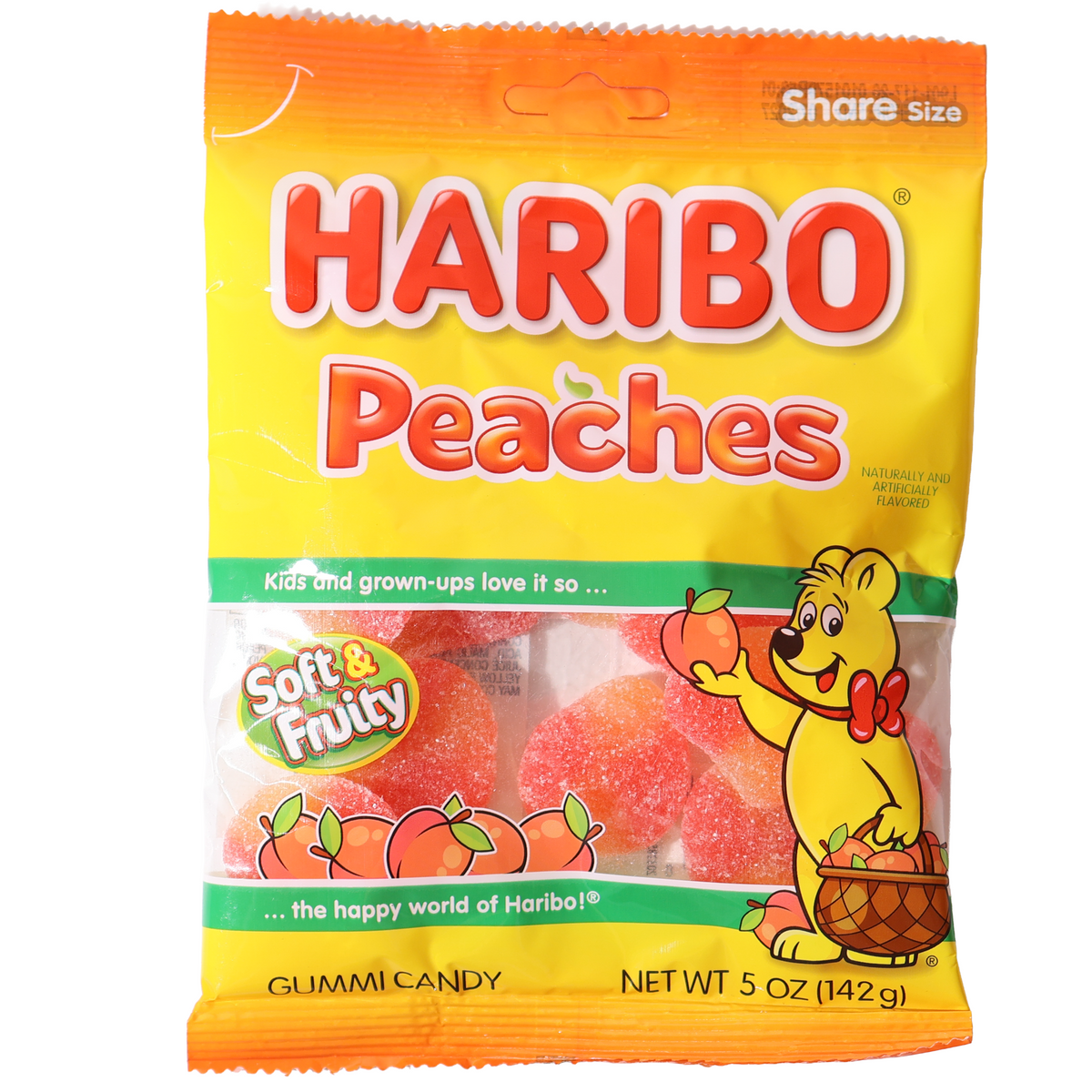 Haribo Peaches gummy candy in a yellow and orange 5 oz bag with sugar-coated peach candies visible.