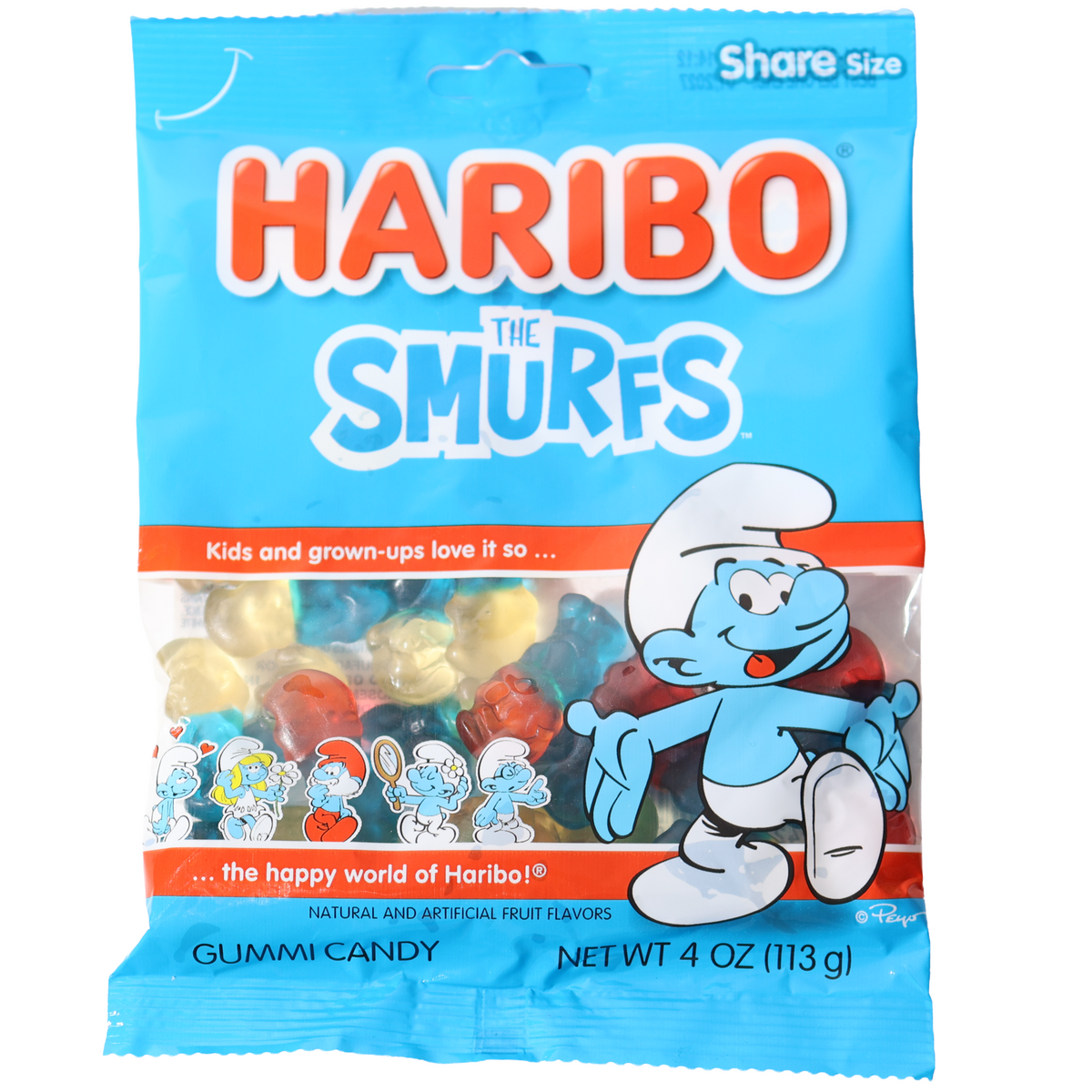 Haribo The Smurfs gummy candy in a blue 4 oz bag with Smurf characters and colorful gummies visible.