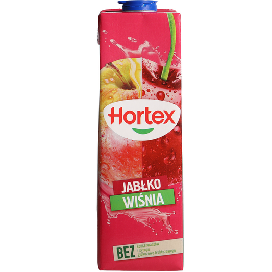 Hortex Apple Cherry Juice Drink, 33.8 fl oz (1 L) — apple and cherry juice drink featuring fresh apple and cherry imagery on the front carton packaging.
