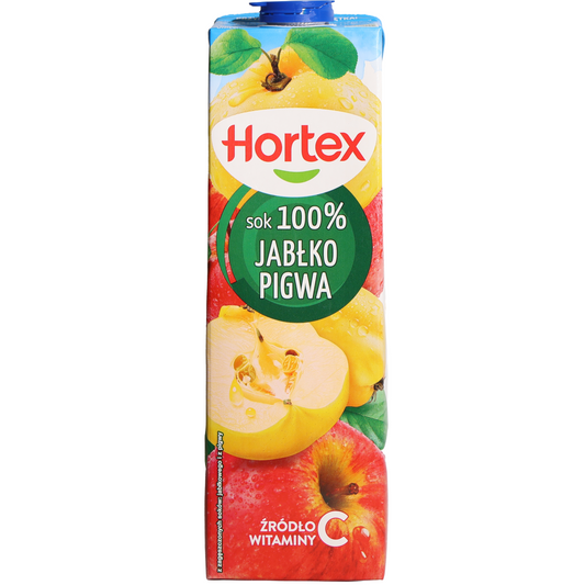 Hortex Apple Quince 100% Juice, 33.8 fl oz (1 L) — 100% apple and quince juice blend, featuring fresh apple and quince imagery on the front carton packaging.
