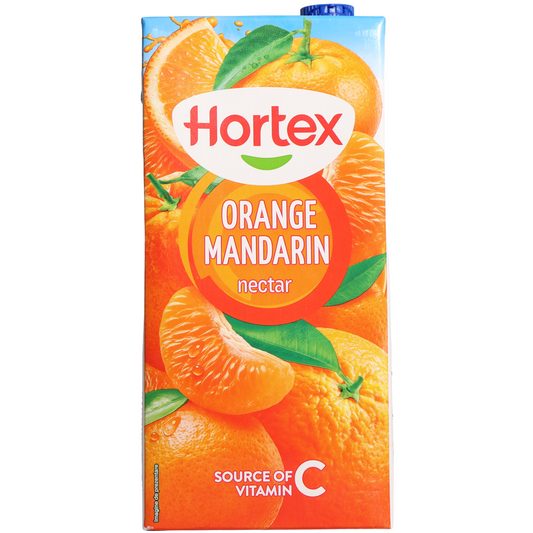 Hortex Orange Mandarin Nectar, 67.6 fl oz (2 L) — orange and mandarin nectar drink carton featuring oranges, mandarins, and vitamin C claim on the front label.
