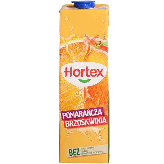 Hortex Orange Peach Juice Drink, 33.8 fl oz (1 L) — orange and peach juice drink featuring juicy orange and ripe peach imagery on the front carton packaging.
