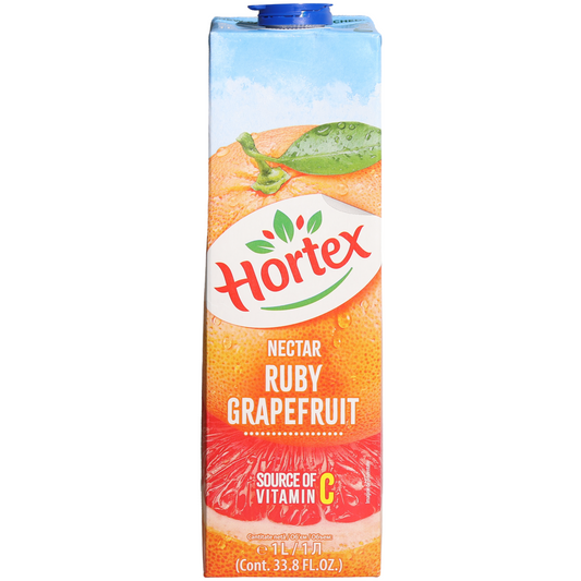 Hortex Ruby Grapefruit Nectar, 33.8 fl oz (1 L) — ruby grapefruit nectar beverage, rich in citrus flavor and a source of vitamin C, featuring ruby grapefruit imagery on the front carton packaging.

