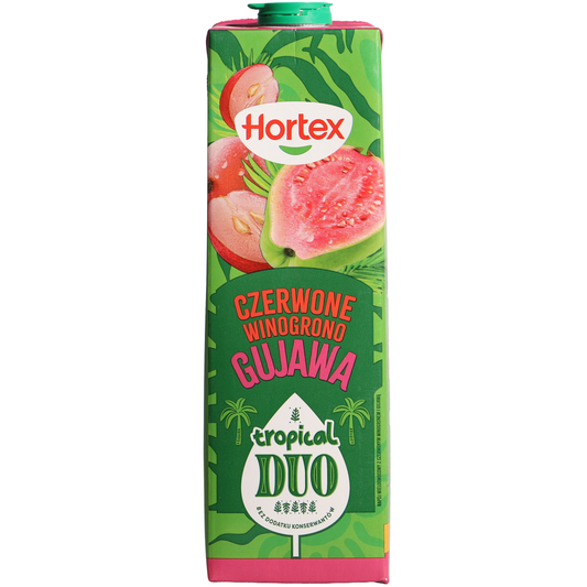 Hortex Tropical Duo Red Grape Guava Fruit Drink, 33.8 fl oz (1 L) — tropical fruit drink blend featuring red grape and guava imagery on the front carton packaging.
