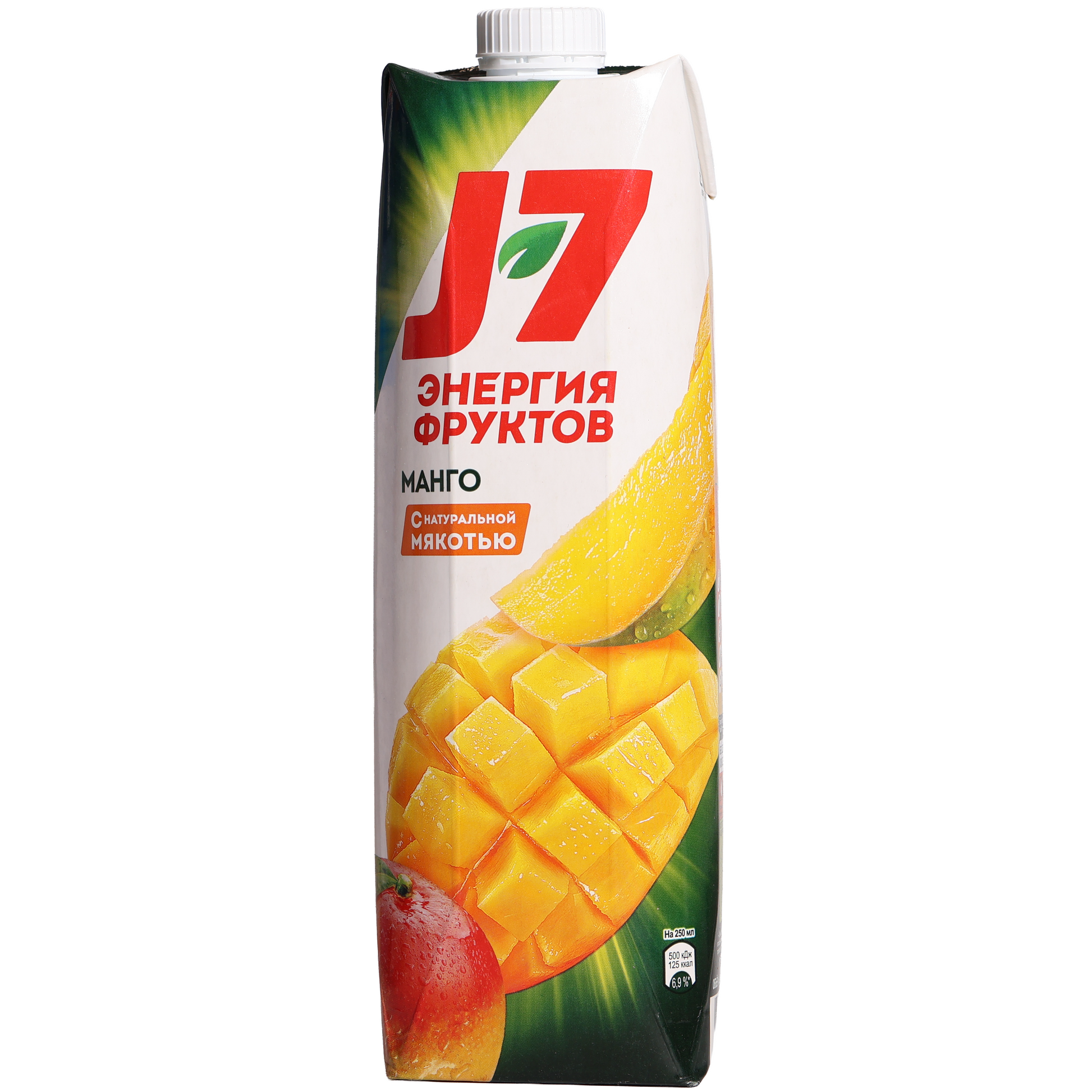 J7 Mango Nectar with Pulp, 32.8 fl oz (970 mL) — mango nectar beverage with natural fruit pulp, featuring ripe mango and sliced mango imagery on the front carton packaging.
