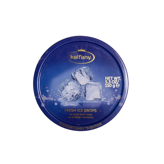 Kalfany Fresh Ice Drops ice refreshing hard candies tin, 5.3 oz, top view of blue tin lid with ice cube graphics
