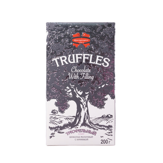 Kommunarka Truffles milk chocolate with filling truffle elite bar, 7.05 oz, front packaging with tree illustration and “Truffles” text