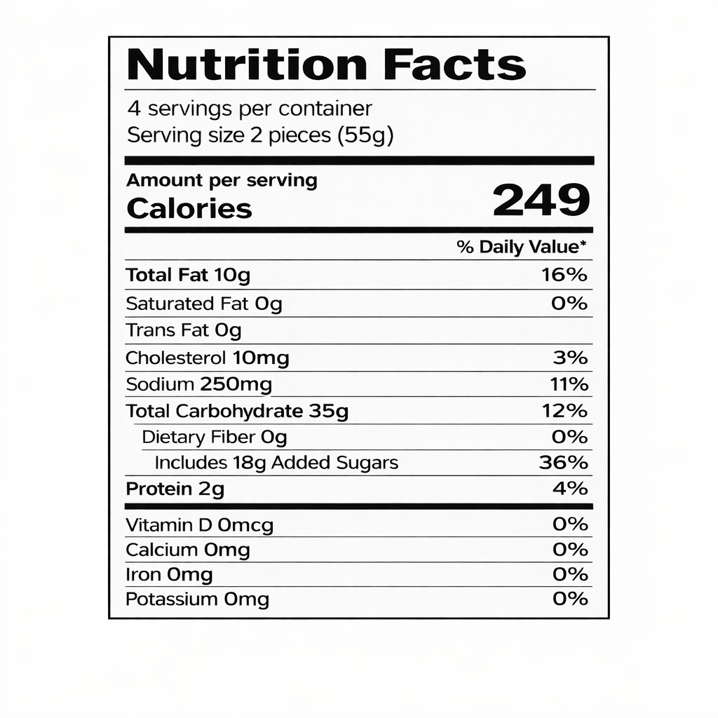 Konti Bonjour vanilla dessert cakes, 8.18 oz — nutrition facts label (serving size 2 pieces / 55 g)