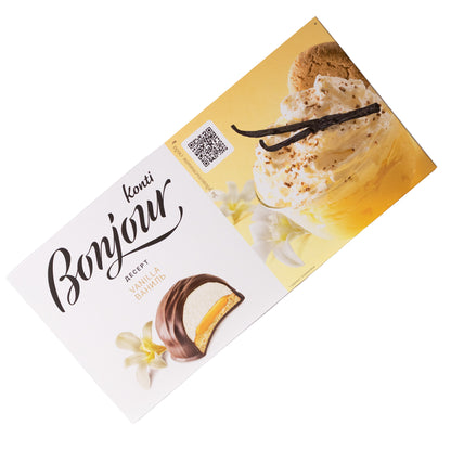Konti Bonjour vanilla dessert cakes box, 8.18 oz, front packaging with vanilla cream dessert and cake cross-section shown