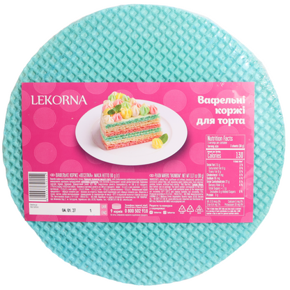 Lekorna Rainbow Plain Wafer Cake Layers, 3.17 oz — colorful round wafer sheets designed for making homemade layered wafer cakes and desserts. Their light, crisp texture provides a ready-to-use base that can be layered with condensed milk cream, chocolate, caramel, jam, frosting, or other favorite fillings. Ideal for creating traditional wafer cakes without the need to bake the layers from scratch.
