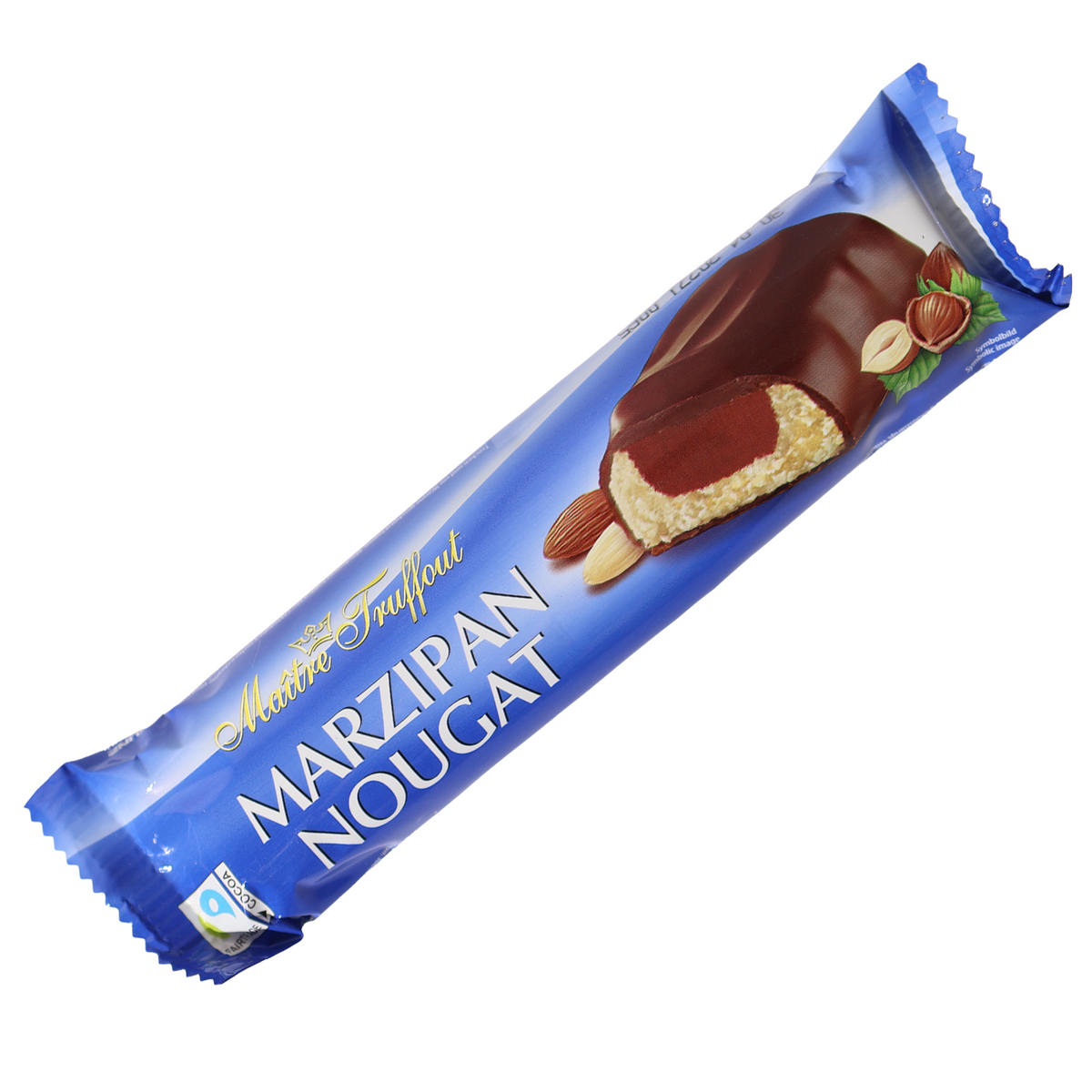 Maitre Truffout Marzipan Nougat bar in a blue wrapper with a chocolate-coated cutaway illustration.