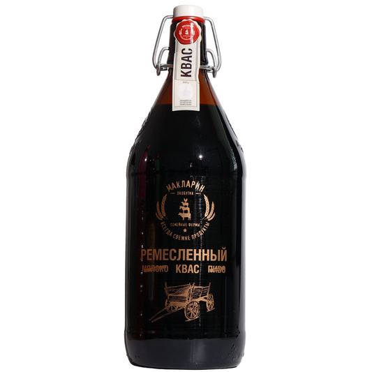 Maklarin Remeslennyi Kvass, 33.8 fl oz (1 L) — traditional artisan-style kvass beverage in a swing-top glass bottle, featuring rustic branding and handcrafted kvass imagery on the front label.
