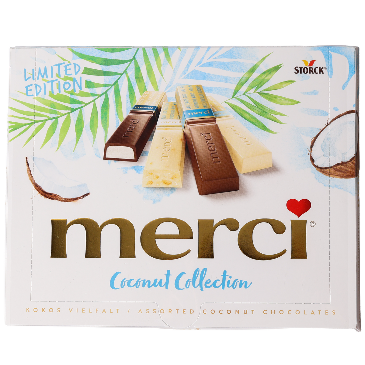 Merci Coconut Collection assorted chocolates in a white box with coconut, palm leaf and chocolate illustrations.