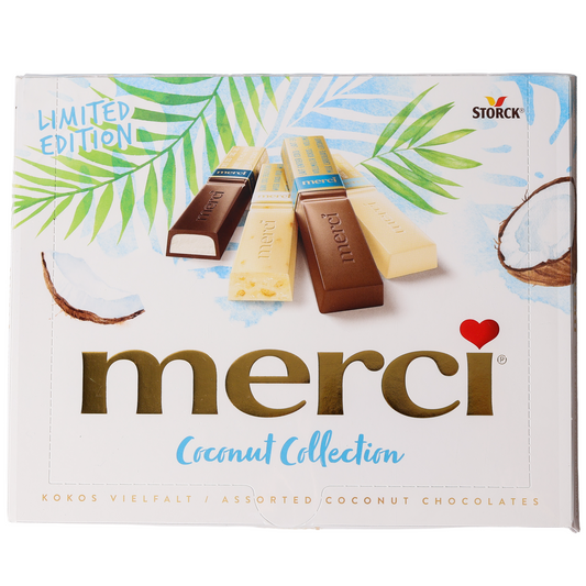 Merci Coconut Collection assorted chocolates in a white box with coconut, palm leaf and chocolate illustrations.