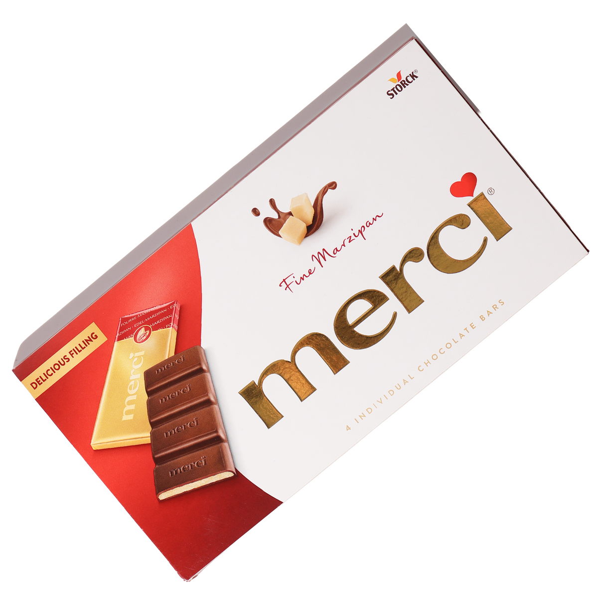 Merci Fine Marzipan chocolate bars in a white and red box with a filled bar illustration.