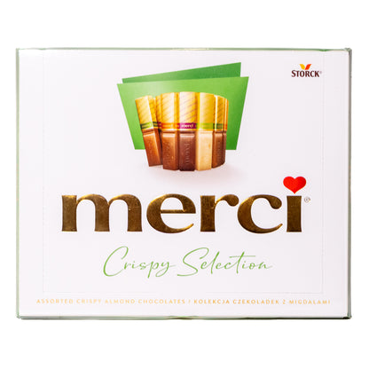 Merci Crispy Selection assorted crispy almond chocolates box, 8.75 oz, front packaging showing assorted chocolate sticks