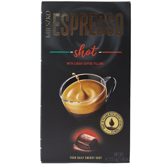 Mieszko Espresso Shot coffee sweets in a black box with an espresso cup and a filled sweet illustration.