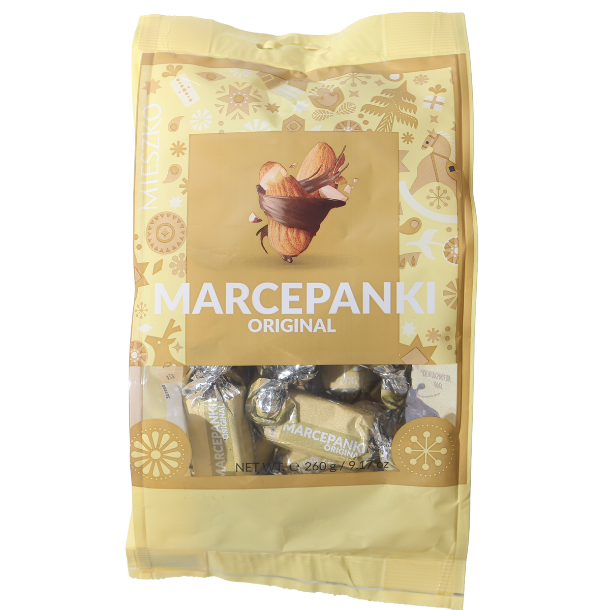 Mieszko Marcepanki Original marzipan sweets in a gold holiday bag with a clear window.