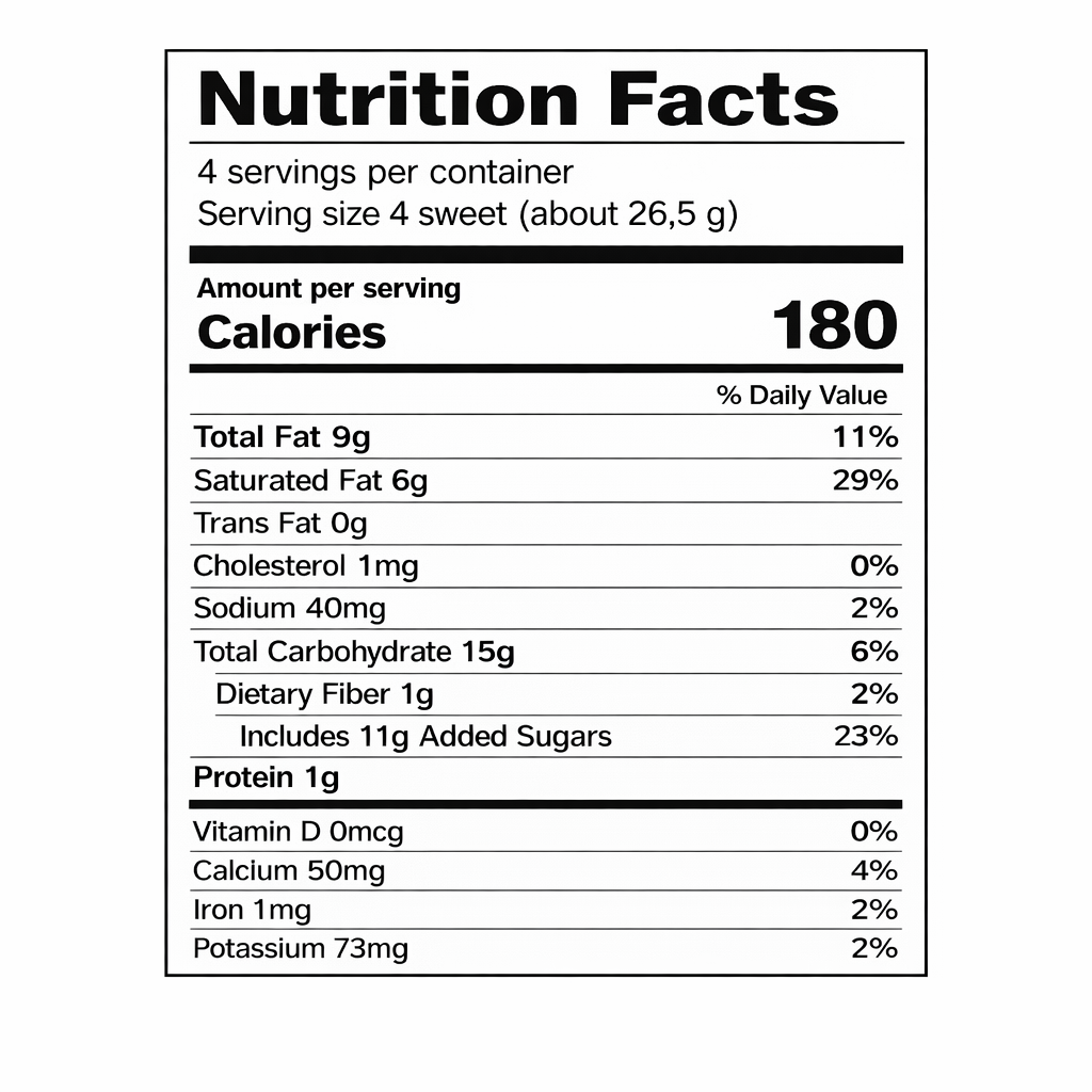 Mieszko Secret milk chocolates 16 piece box, 3.74 oz — nutrition facts label (serving size 4 sweets / about 26.5 g)