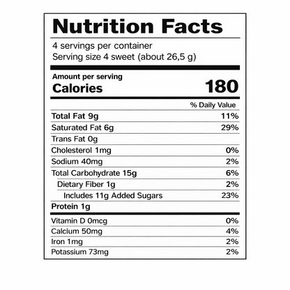 Mieszko Secret milk chocolates 16 piece box, 3.74 oz — nutrition facts label (serving size 4 sweets / about 26.5 g)