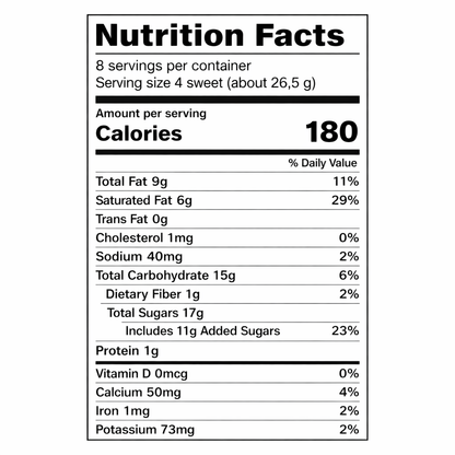 Mieszko Secret milk chocolates 32 piece box, 7.58 oz — nutrition facts label (serving size 4 sweets / about 26.5 g)
